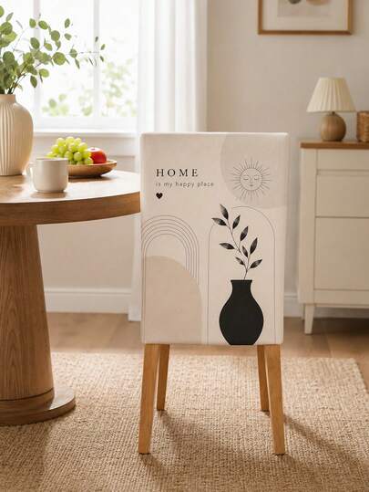 1pc/4pcs/6pcs Beige Minimalist Chair Back Cover, Modern Polyester Dining Chair Slipcover With Home Is My Happy Place Quote, Sun Face, Rainbow Arch And Black Vase Plant Print For Kitchen, Dining Room, Apartment, Party And Home Decor