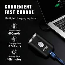 HIENA Mini Pocket Rotary Electric Shaver For Men,Dual Floating Double-Ring Fit Blades,USB Fast Charge Wet Dry Cordless Travel Beard Razor,Low Noise Powerful Motor,Detachable Washable Head,Portable Compact Facial Shaving Grooming Gift For Dad Husband - Black - View 7