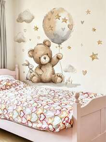 Watercolor Teddy Bear Rabbit Balloon Cloud Wall Decals, Home Decor, Children's Bedroom Supplies, Cute Baby Room Wall Art - Multicolor - View 1