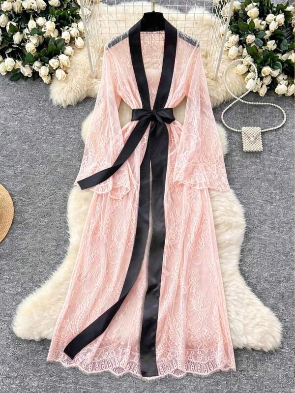 Sexy Elegant Lace-Up Robe, Lace Patchwork Outerwear Dress, Mesh Patchwork Elegant Pajamas Loungewear, Valentine's Day, Gift For Her
