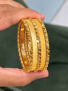 21K Gold Plated Banajer Bangles Set For Women, Rust-Resistant Gold Alternative Striated Matte & Twisted Rope Stackable Bracelets Fine Jewellery - 01 - View 4