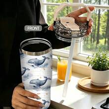1/5 pièces Gobelet isotherme sous vide 30oz avec boîte cadeau, imprimé nuage bleu et blanc rayé lune étoile baleine, poignée pliable portable, couvercle anti-fuite à double rabat, tasse à double paroi, convient pour les promenades nocturnes, cadeau de dessin animé océan ciel étoilé rêveur - Baleine étoilée - Voir 2
