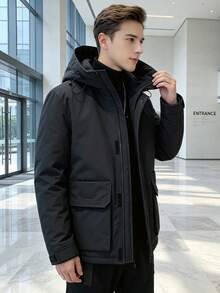 Men Hooded Puffer Jacket, Zip Up Multi Pocket Windproof Warm Winter Outdoor Down Coat - Black - View 4