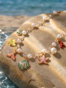 1pc Starfish Shell Faux Pearl Coral Pendant Necklace, Bohemian Style Beaded Shell Collar Necklace - Multicolor - View 2