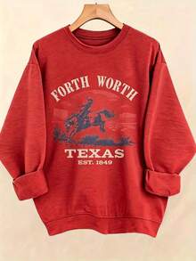 Women's Western Style Fort WorthTexasEST1849CowboyPatternHoodieSoftCrewNeckPulloverWith Cactus And Longhorn DesignComfortableCasualLongSleeve Sweater - 紅色 - 查看 2
