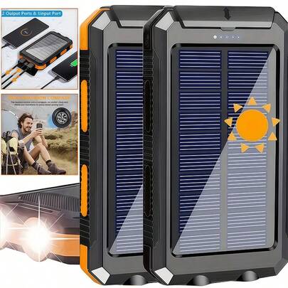 XBJ 10000Mah Portable Solar Power Bank, Mobile Phone Charger With Solar Capability, External Battery Charger For Camping, Features 2 USB Ports And LED Flashlights With Compass For Outdoor Use