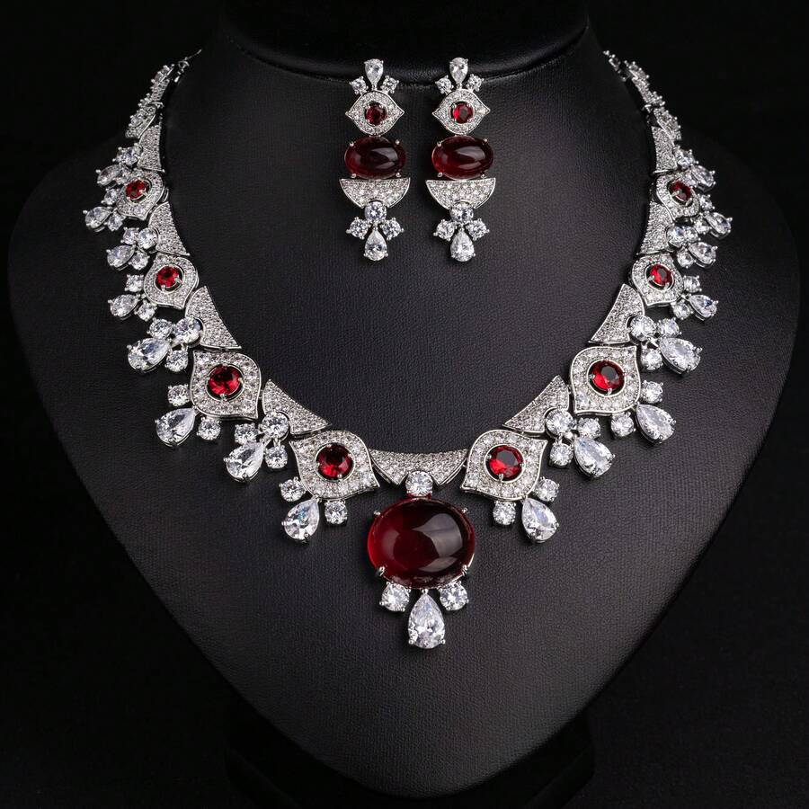 1 Set Fashion Women's Jewelry Set, Cubic Zirconia Inlaid, Earrings, Necklace, Suitable For Women/Brides, Festivals/Parties, Weddings/Banquets, Gifts