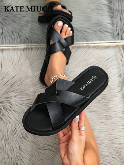 KATE MIUCH Women's Spring/Summer New European-Japanese-Korean Fashion Minimalist Casual Personalized Black Sandals, Suitable For Matching With Shorts For Daily Shopping, Commuting, Spring Park Walks, Dates, Beach Travel, Vacation, Autumn Picnic, Camping, Slippers, Office OL Style Lightweight Versatile Comfortable Breathable Easy To Carry Women's Flat Slippers, Indoor Home Slippers