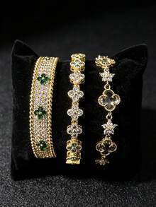 Juego de 3 piezas de pulsera y brazalete elegante y minimalista con circonita cúbica para mujeres, adecuado para uso diario, fiestas y vacaciones - Dorado - Ver 5