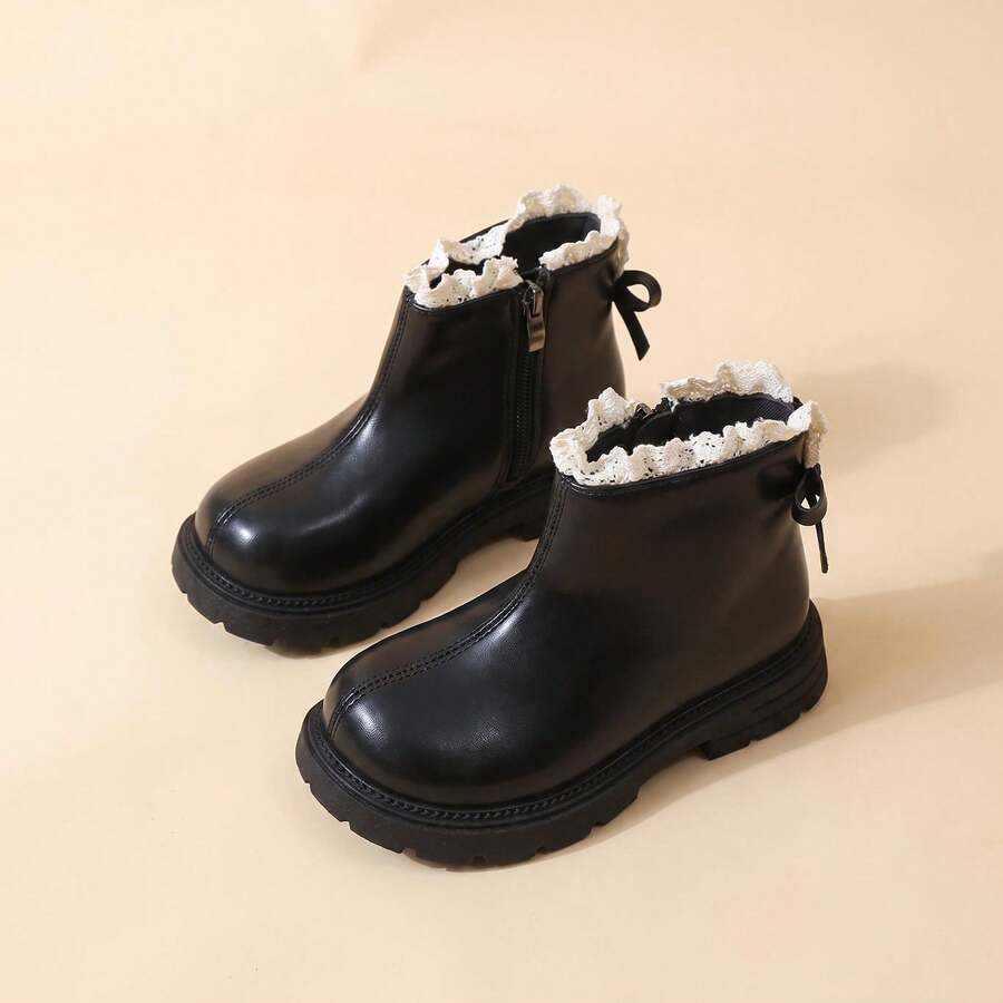 1 Pair 2026 New Girls' Ankle Boots, Lace Trim Back Zipper Thick Sole Design, Gentle Minimalist Style, Suitable For Daily Wear And Birthday Parties - Black - View 1