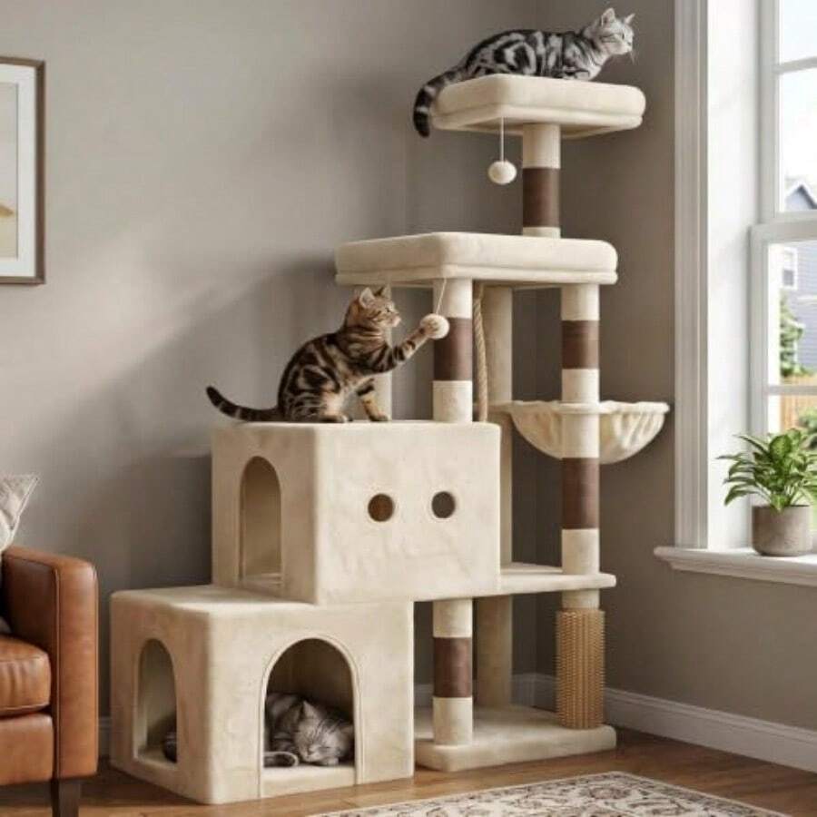 Cat Tree Tower, Scratching Posts With 2 Spacious Condos, 2 Platforms, Self-Grooming Brush, Cozy Basket, Step-By-Step Climbing Pathway For Indoor Cats, 51.2 Inches, Beige And Brown - Beige and Brown - View 1