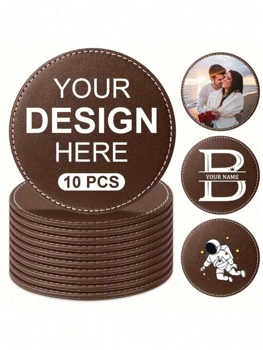 1/10pcs Customized Artificial Leather Coasters - Customizable With Your Desired Pattern - Suitable For Coffee, Beer And Wine Coasters - Personalized Gift, Christmas Gift Supplies, Multi-Scenario, Personalized Gift For Dad, Father's Day Gift - Multicolor - View 1
