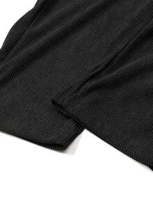 Women Black Ribbed Wide Leg Pants Elastic Drawstring Waist Relaxed Fit Casual Lounge Trousers For Everyday Wear. - Black - View 11