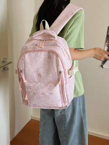 3pcs Pink Nylon Casual Minimalist Star Pattern All-Over Print Comfortable Shoulder Strap Zipper Closure Multi-Pocket Large Capacity Foldable With Crossbody Strap Pencil Case Backpack Set, Suitable For Spring/Summer Hot-Selling Style, Ideal For Students, School, Commuting, Outdoor Travel, Back-To-School Gift, Can Hold Books, Pencil Case, Notebooks - Pink - View 9