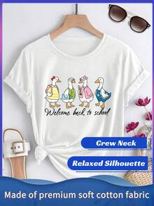 Plus Size Women'S Summer Short Sleeve, Casual Four Ducks Welcome Back To Hand Letter Print, Spring Summer Autumn Round Neck T-Shirt, Fashion Loose Cas - White - View 1