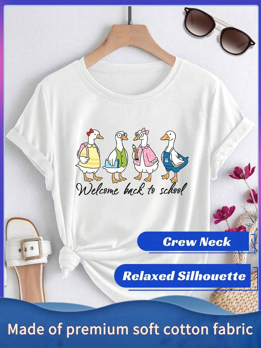 Plus Size Women'S Summer Short Sleeve, Casual Four Ducks Welcome Back To Hand Letter Print, Spring Summer Autumn Round Neck T-Shirt, Fashion Loose Cas - White - View 1