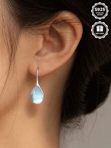 1pc Cool Blue Light Teardrop Synthetic Moonstone S925 Sterling Silver Earrings, Perfect For Daily Wear And Anniversary Gift, Comes With Gift Box. - Silver - View 6