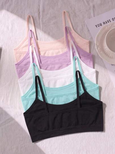 5pcs Cute Teenager Non-Wired Non-Padded Camisole Bra, Casual Comfortable Strap Sports Bra, Suitable For Daily Basic Wear