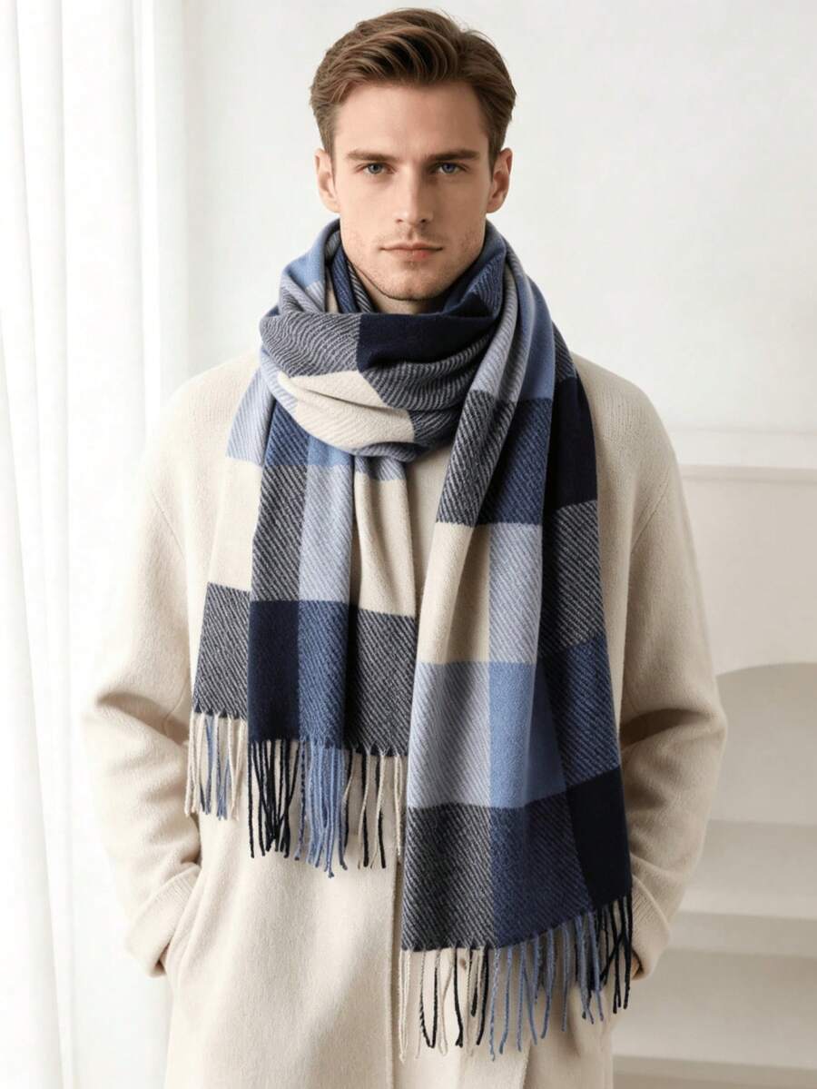 2/1pc New Winter Faux Cashmere Plaid Scarf, Unisex, Warm, Suitable For Daily Wear And Casual Outfits - Multicolor - View 1