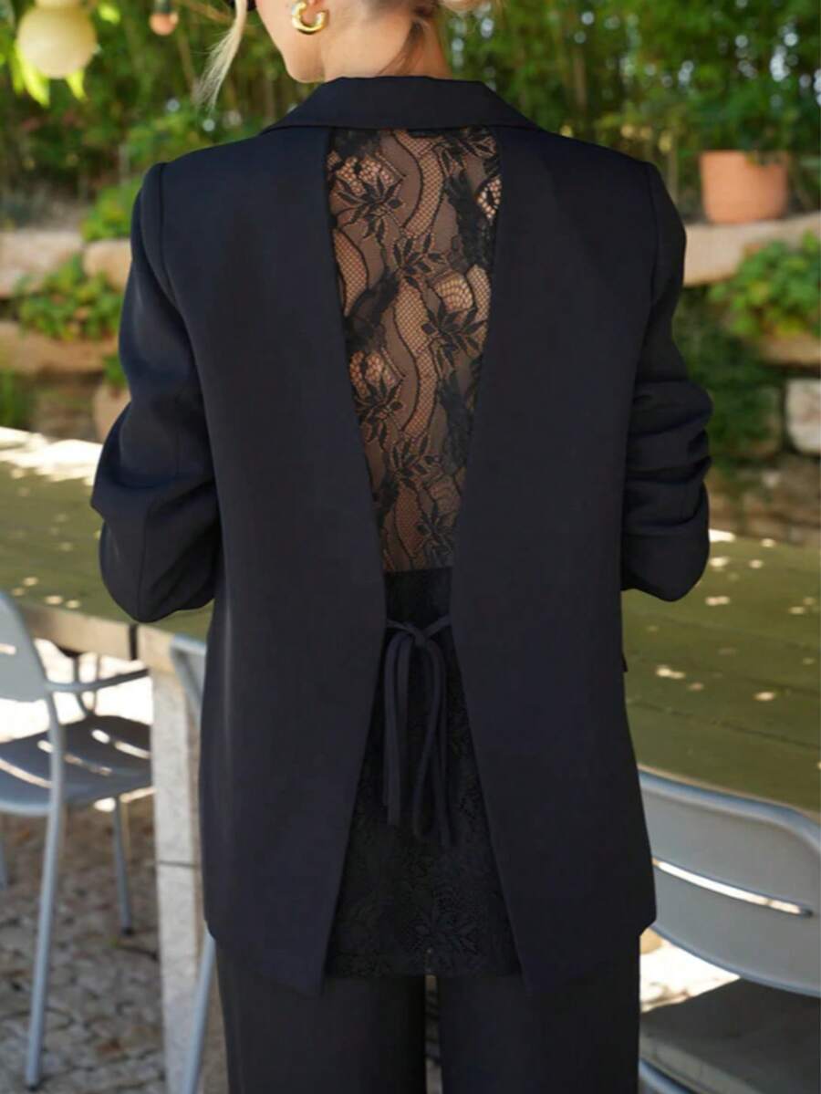 Elegant Women's Black Long Sleeve Blazer With Exquisite Lace Design On Back, Perfect For Autumn Fashion Fall - Black - View 1