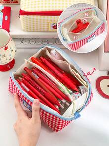 1pc Retro Plaid Pencil Case, Happy Cute Dancing Cat Colorful Plaid Multi-Pocket Square Stationery Storage Bag, Back To School Essential For Students - Multicolor - View 6