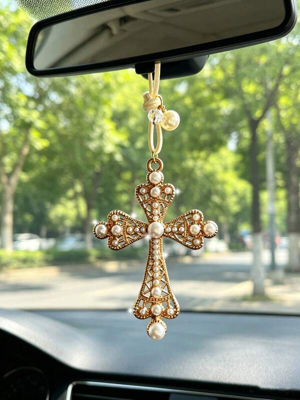 1pc Pearl Cross Car Rearview Mirror Hanging Ornament, Vintage Alloy Hollow Cross Pendant, Car Interior Decoration