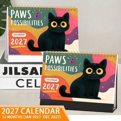Cute & Adorable 2D Black Cat Cover Desk Calendar, "PAWS & POSSIBILITIES" Theme, Super Eye-Catching! Suitable For Daily Office, School And Company Scenes, A Great Helper For Schedule Planning And Monthly Organization, 2027 Full 12 Months (January - December) Dates Covered, Adding Fun And Order To Your Life.