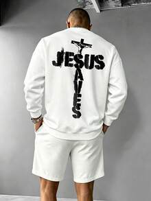 Men's Spring/Autumn Minimalist Printed Letter Crew Neck Long Sleeve Sweatshirt And Shorts Casual Set - White - View 1