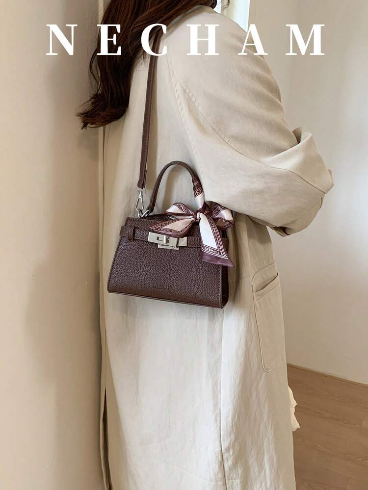 1pc Lychee Textured Asymmetrical Shoulder Bag Small Crossbody Bag Vintage Minimalist Handheld Kelly Square Bag For Women Suitable For Shopping Work Dating With Scarf Included - Coffee Brown - View 4
