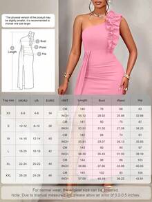 AIJ Gaun Wanita Polos Warna Pink Musim Panas dengan Desain Bahu Asimetris, Ruffle, dan Lipit, Tanpa Lengan - Berwarna merah muda - View 3