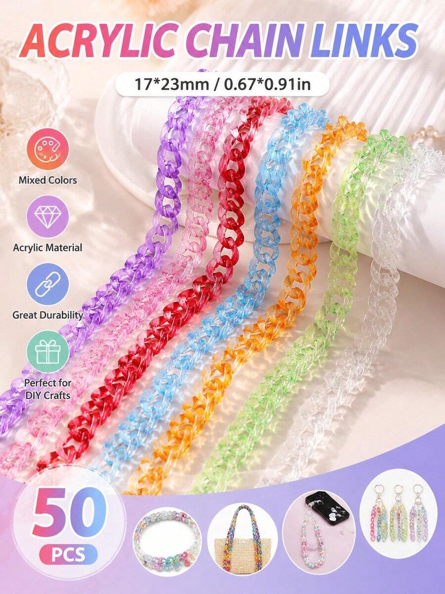 50pcs Rantai Akrilik Transparan Warna Campuran untuk Membuat Perhiasan DIY, Gelang, Gantungan Mobil, dan Aksesoris Rantai Ponsel - Rantai transparan buatan sendiri - View 1