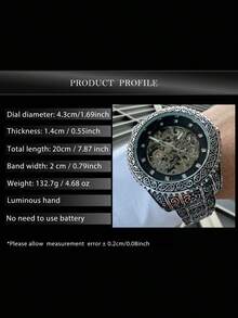 T-WINNER 1pc Men's Classic Vintage Carved Hollow Automatic Mechanical Watch With Rotating Bezel, Luminous Hands, Rhinestone Decorated Dial, Luxury Stainless Steel Band, Business Casual Wristwatch - Silver - View 8