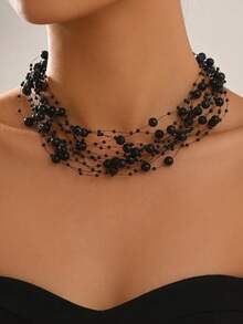 1pc Vintage Versatile Multi-Layer Black Star Beaded Necklace, Gothic Style Exaggerated Evening Party Halloween Collarbone Chain For Women - Black - View 5