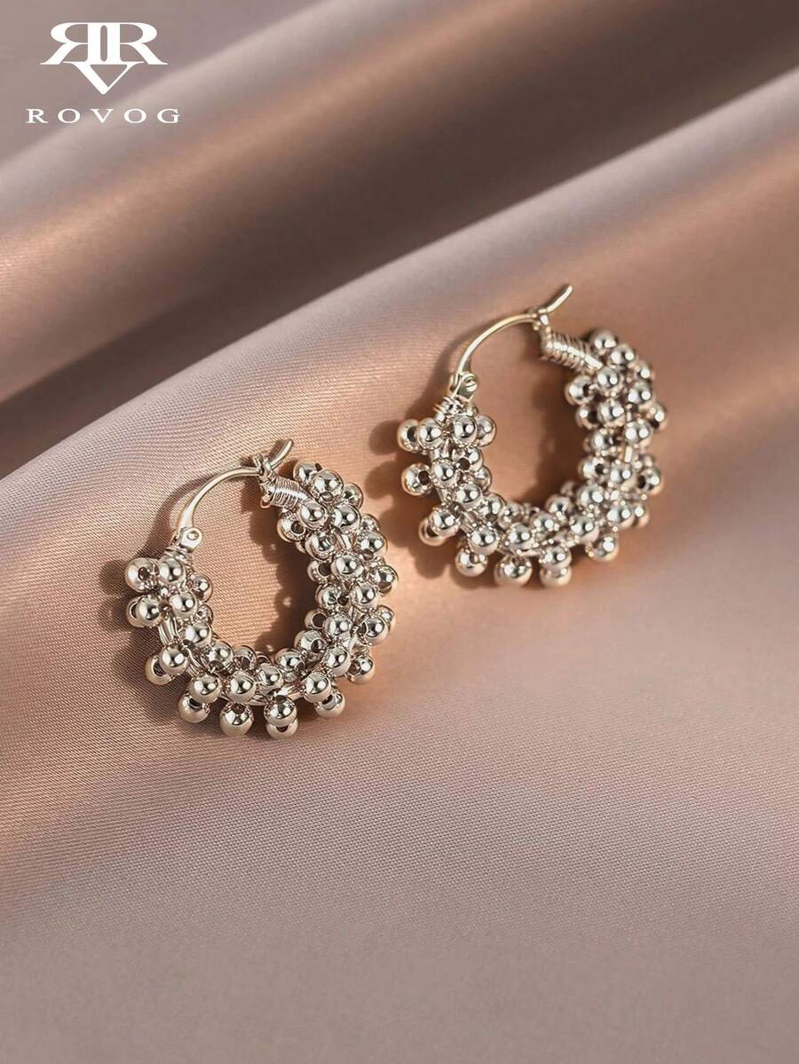 1 Pair Fashionable Personalized CCB Wrapped Small Bead Hoop Earrings Suitable For Women Party And Gathering - Silver - View 1