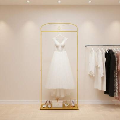 RainWeel 91 Inch Tall Wedding Dress Display Stand, Metal Bridal Clothes Display Stand, Freestanding Garment Rack, Heavy-Duty Clothes Organizer, Gold Clothing Rack For Hanging Long Dress Clothes, Modern Clothes Hanging Storage Stand For Boutique Retail Studio