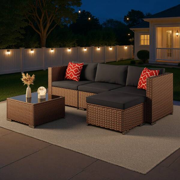 Lofka 5-Piece Wicker Rattan Outdoor Patio Conversation Furniture Set With Cushions & Glass Coffee Table, Sofa-Style Outdoor Leisure Furniture Combination, All-Weather Sectional Furniture For Backyard, Poolside, Camping, Deck, Garden, Lawn