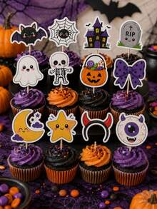 12pcs Halloween Icon Cake Toppers, Bat Ghost Spider Web Cupcake Picks, Birthday Dessert Decoration - View 2