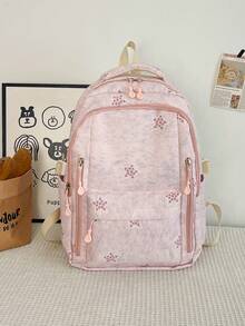 3pcs Pink Nylon Casual Minimalist Star Pattern All-Over Print Comfortable Shoulder Strap Zipper Closure Multi-Pocket Large Capacity Foldable With Crossbody Strap Pencil Case Backpack Set, Suitable For Spring/Summer Hot-Selling Style, Ideal For Students, School, Commuting, Outdoor Travel, Back-To-School Gift, Can Hold Books, Pencil Case, Notebooks - Pink - View 4