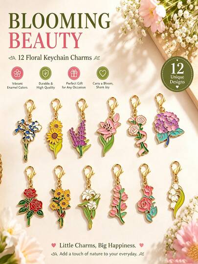 12pcs Bohemian Style Enamel Flower Keychains, Suitable For Birthday, Wedding, Teacher's Day, Father's Day And Mother's Day Gifts, Party Favors, Ideal Bag Accessory, Also Perfect Car Key Holder Gift For Mother, Father, Graduation And Teacher
