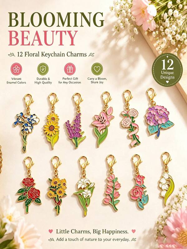 12pcs Bohemian Style Enamel Flower Keychains, Suitable For Birthday, Wedding, Teacher's Day, Father's Day And Mother's Day Gifts, Party Favors, Ideal Bag Accessory, Also Perfect Car Key Holder Gift For Mother, Father, Graduation And Teacher