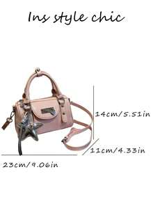 Silver Star & Heart Nameplate Rivet Decor Pink Handheld & Crossbody 2-In-1 Storage Bag, Double Zipper Closure, Y2K Sweet & Cool Style Boston Mini Bag, Versatile Pink Shoulder Handbag For Girls - Pink - View 2