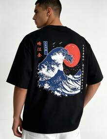 Formen,Plussize,Vintage"TheGreatWaveoffKanagawa"Stylewithcalligraphicphraseandredsun,Short Sleeves,Andversatile,Newfashionstyle,PLUSSIZE - 黑色 - 查看 1