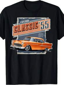 Classic 55 Text And Retro Orange Car Design - Black Background - Breathable T-Shirt - Regular Fit - Retro Car Shirt For Men And Women - Casual For - 黑色 - 查看 3