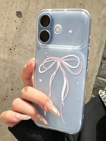 Phone Case: 1pc Pink And White Ribbon Anti-Drop Protective Soft Shell, Compatible With Apple 17/17Pro/17promax/16/15/14/13/Pro/Pro Max/14/13/12/11 Series, Simple, Fresh, Gentle, Girly Style, Multi-Functional For Daily Use, Pink And White Ribbon Hand-Drawn Bow Phone Protective Cover