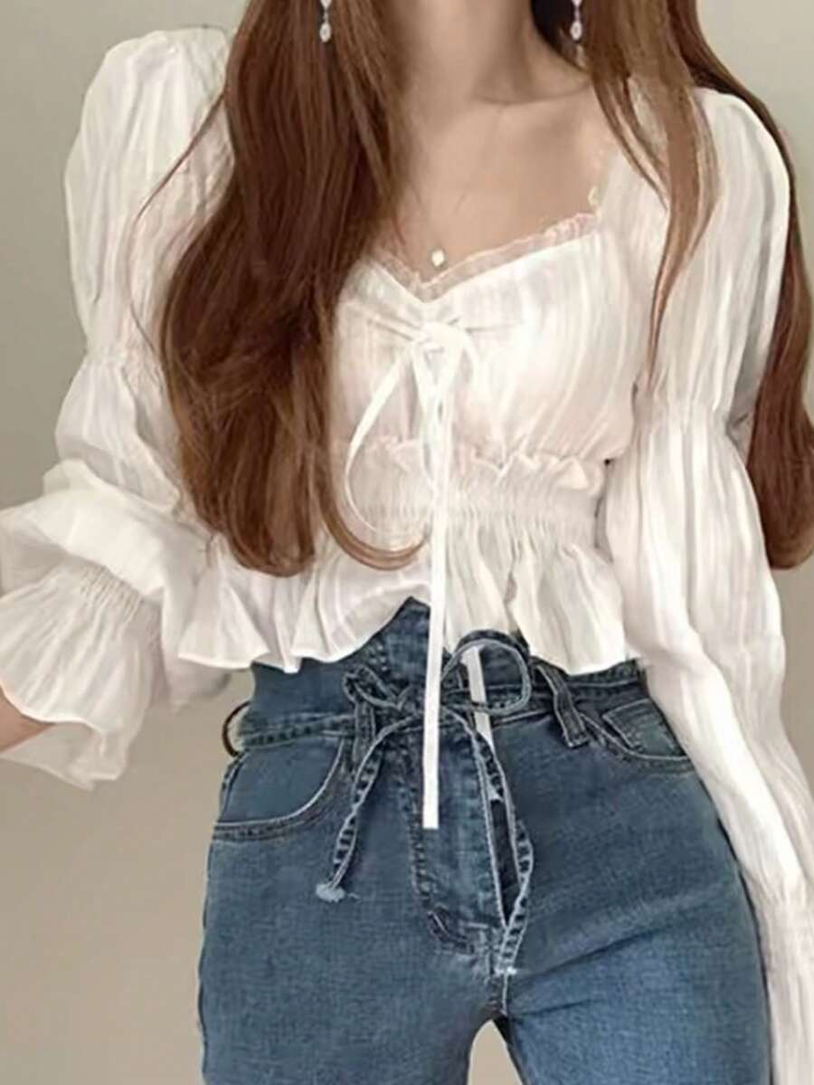 Women's White Short V-Neck Ruffle Long Sleeve Blouse With Knot And Pleated Details - White - View 1