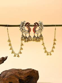優雅水鑽耳環鍊，傳統中東風格 Jhumka 配鈴鐺流蘇鍊，適合女性婚禮或派對穿著 - 孔雀形狀 - 查看 5