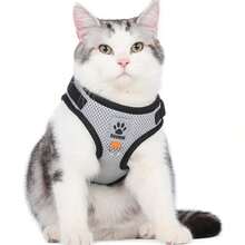2 Peças Conjunto de Peitoral e Guia de 1,5m para Gato e Cachorro, Conjunto de Colete Reflexivo com Um Clique, Design com Gancho e Fivela, Anéis D Duplos nas Costas, Anel no Peito - Cinza - Visão 5