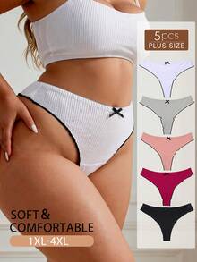 Rosiemei 5pcs Plus Size Women's Ribbed Low Waist Front Bow Thong , Comfortable Triangle G-String Soft T-Back Elastic Panties - Multicolor - View 8