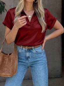 Minimal Silky Vacation Short Sleeve Shirt Graduation Commute Travel Vacation City Trip Leisure Brunch Wear - Burgundy - View 9