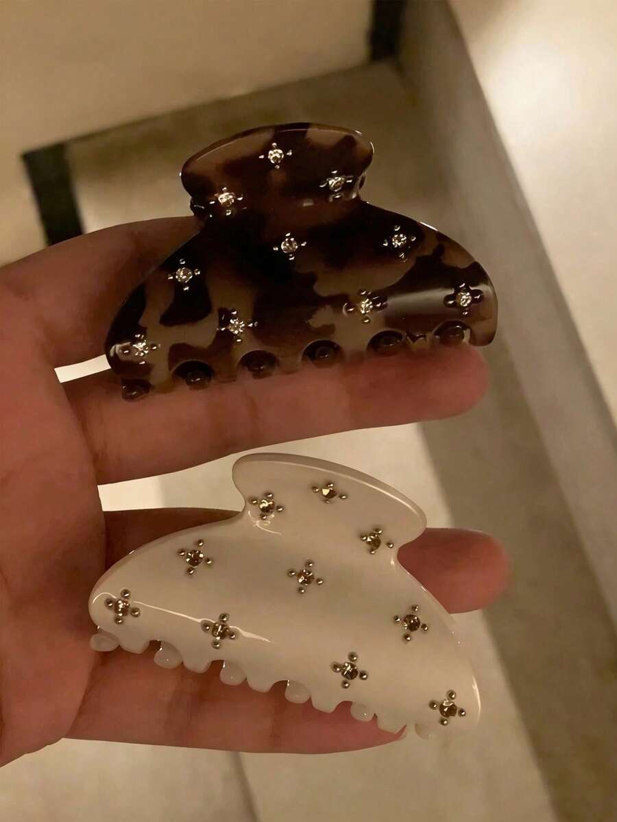 2pcs/1pc 6.5cm/2.56in Medium Tortoise Shell & White Rhinestone Hair Clips, Elegant Plastic Hair Accessories, Suitable For Daily Wear - Multicolor - View 1